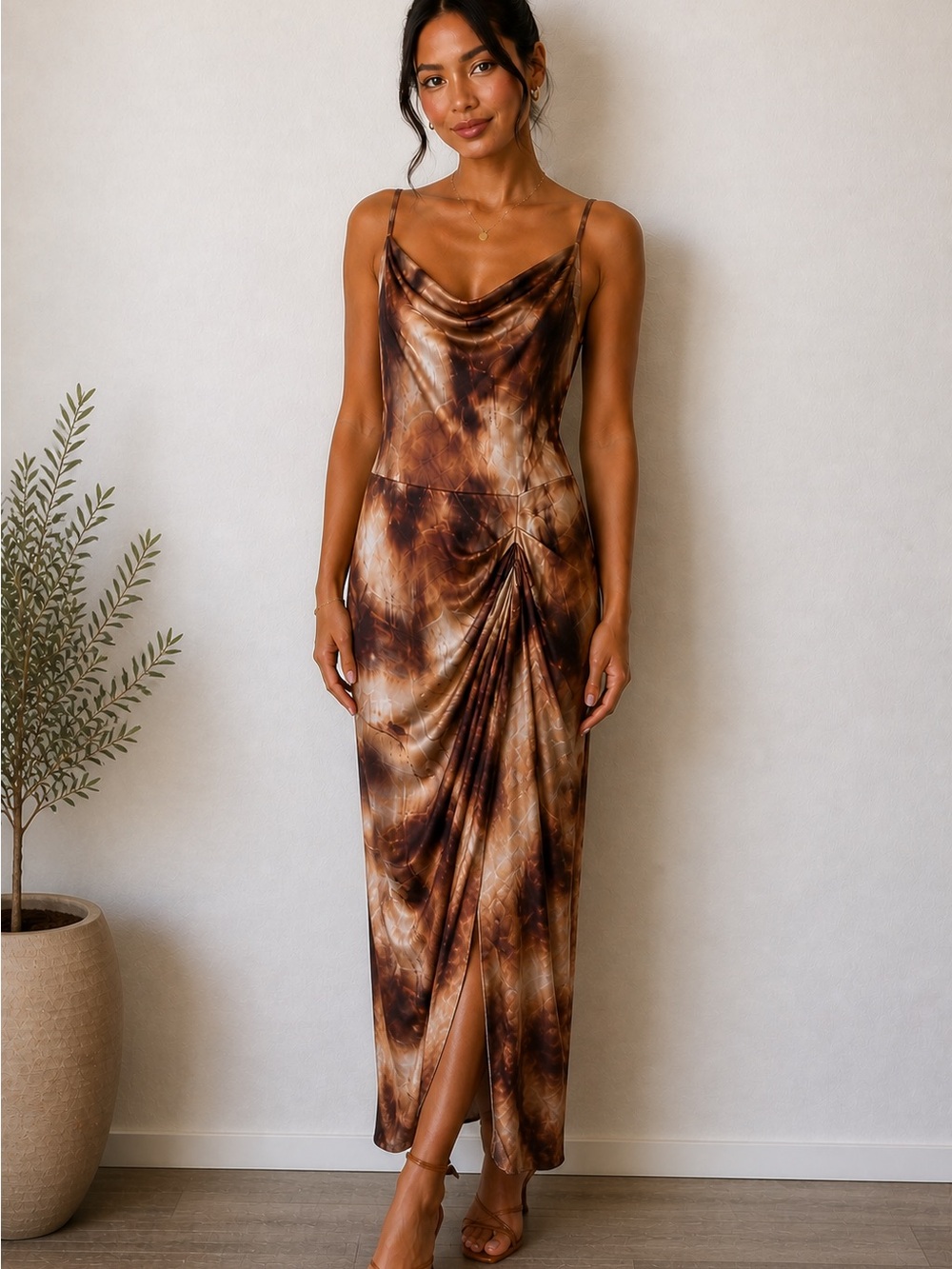 Brown Tie-Dye Cowl Neck Ruched Maxi Dress
